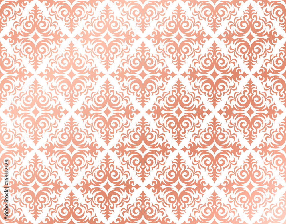 Rose gold background in a damask pattern design, pink and peach feminine colors, elegant and shiny metal shades, delicate and glossy wallpaper.