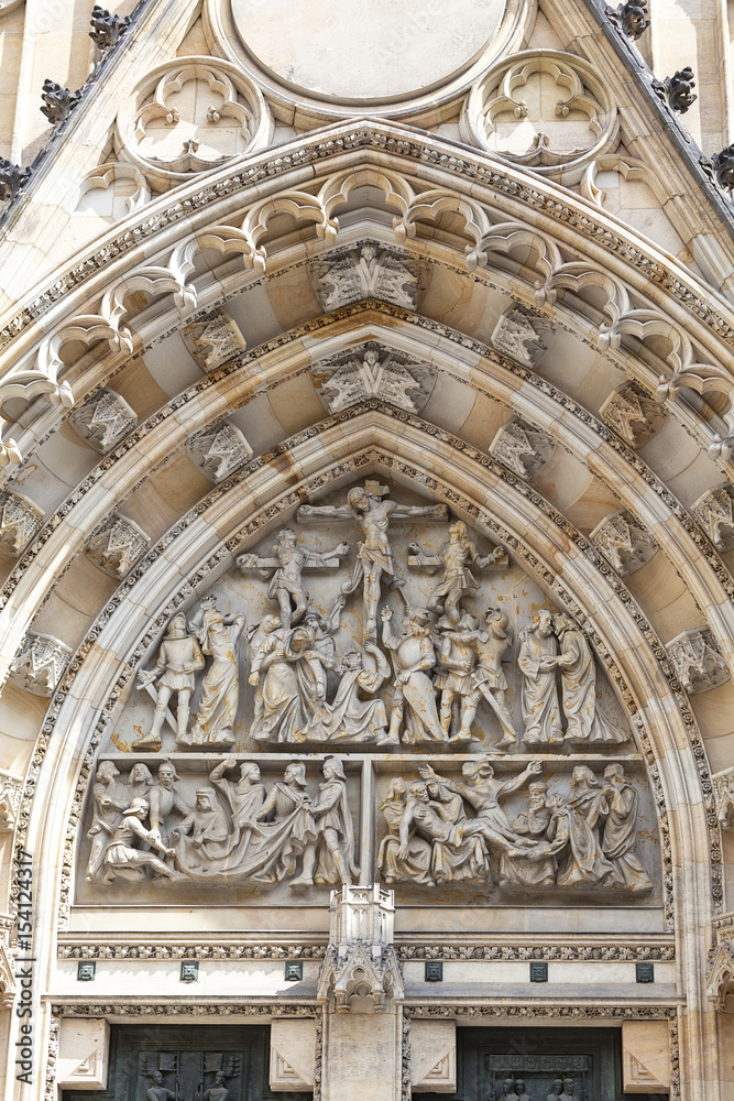 14th century St. Vitus Cathedral , facade, relief ,gothic portal ,Prague, Czech Republic.