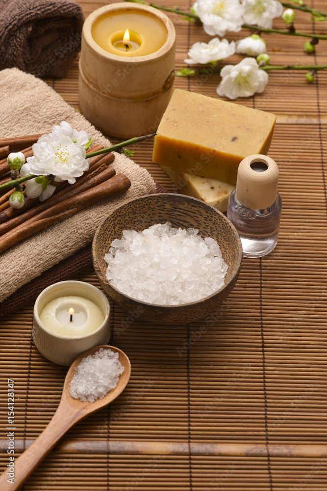 Composition of bath tropical spa treatment on mat Composition of bath tropical spa treatment on mat