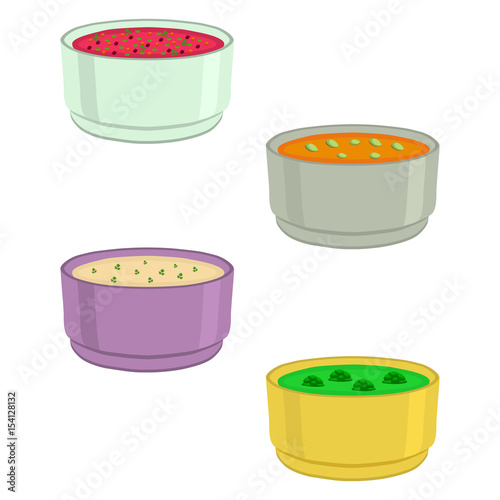 Vector illustration of logo for the ceramic bowl wide plate is filled with various homemade soups with noodles mushrooms vegetables.Soup set of four bowls plates with seasoning beetroot borsch borscht