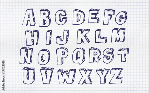 Hand drawn abc, doodle style. Blue letters