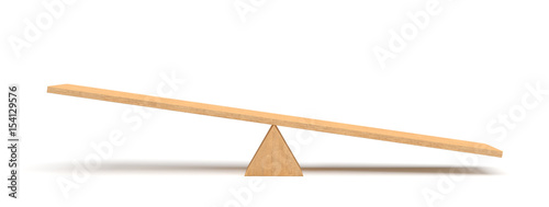 3d rendering of a light wooden seesaw with the right side leaning to the ground on white background.