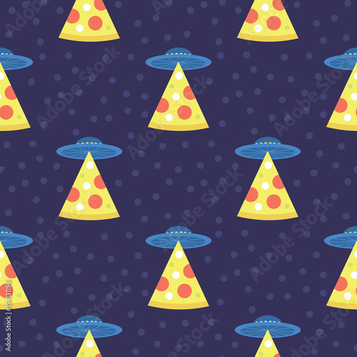 Abstract futuristic print with flying saucers, rays of light with pizza.