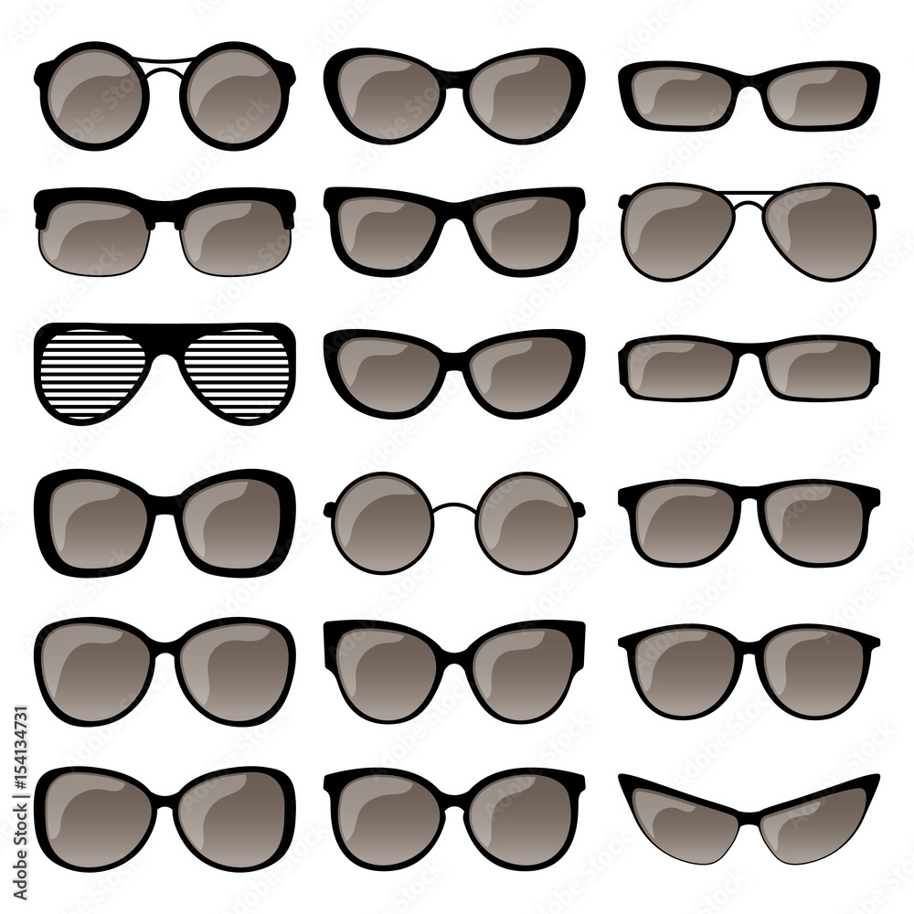 Set of different shapes of spectacle frames. Men and women sunglasses, eyeglasses frames for vision care. Vector