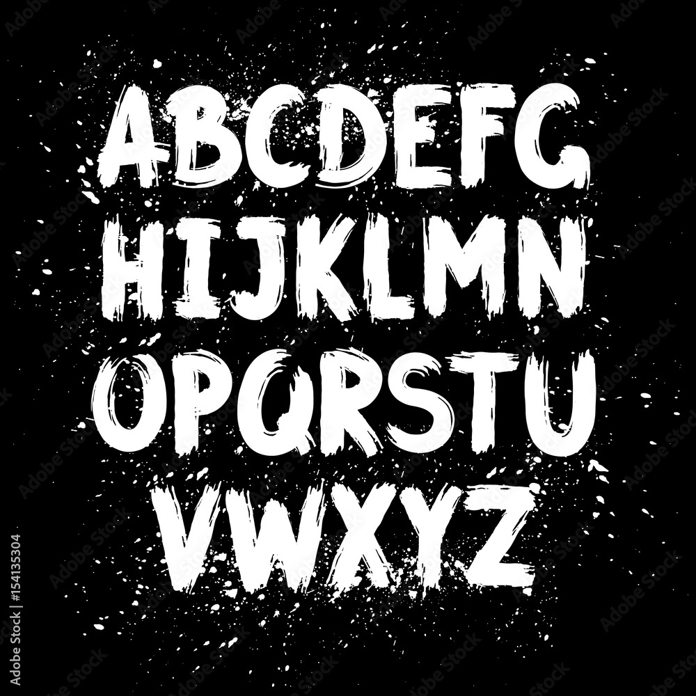 Hand Written Calligraphy Alphabet Black Ink Brush Lettering Abc Latin Alphabet Grunge Font Style With Ink Splashes Vector Stock Vector Adobe Stock