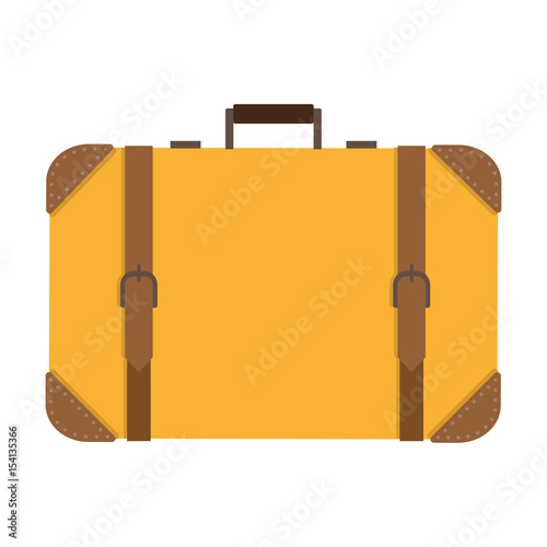 Classic square yellow suitcase with leather straps, colorful flat illustration of baggage bag. Vector