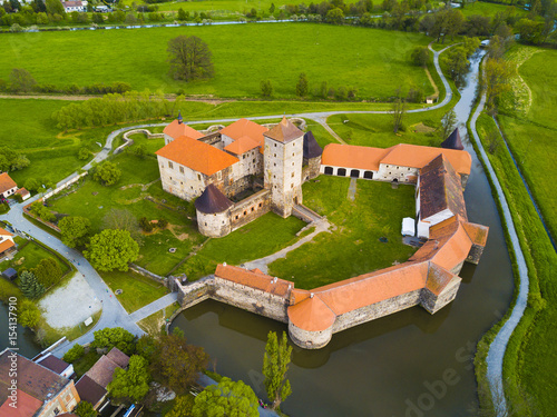 Aerial view of Svihov castle. Gothic water castle in National Park Sumava, Svihov, Czech republic, European union. photo