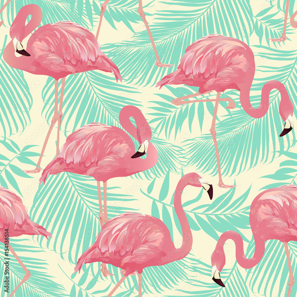 Obraz premium Flamingo Bird and Tropical palm Background - Wektor bez szwu deseń