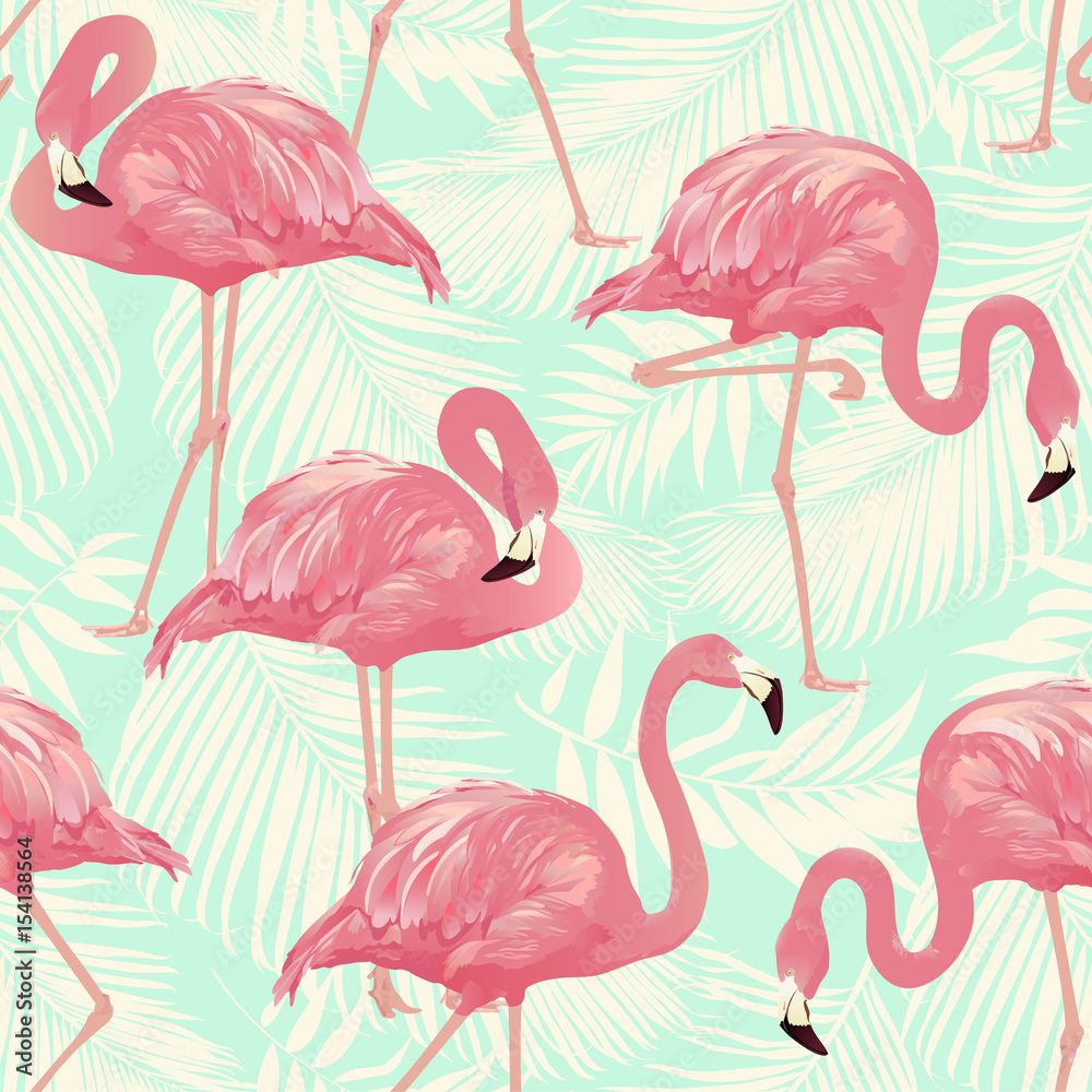Naklejka premium Flamingo Bird and Tropical palm Background - Seamless pattern vector