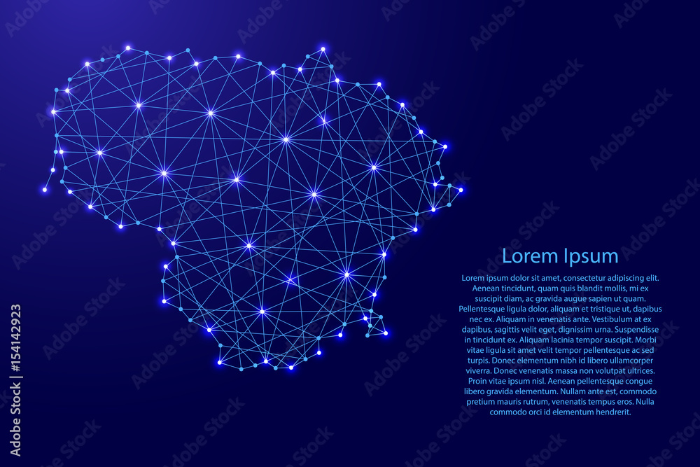 Fototapeta Map of Lithuania from polygonal blue lines and glowing stars vector illustration