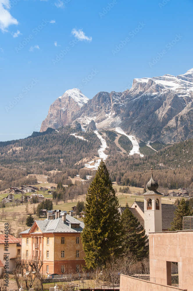 Springtime view of Tofane ski run from Cortina d'Ampezzo