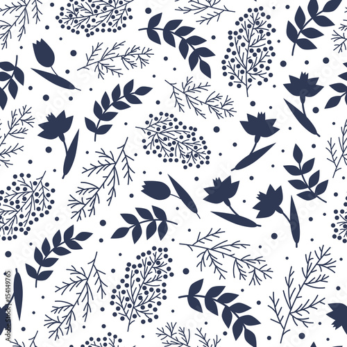 Vintage floral seamless pattern. Blue silhouettes flowers, leafs, branches on white background. Vector illustration.