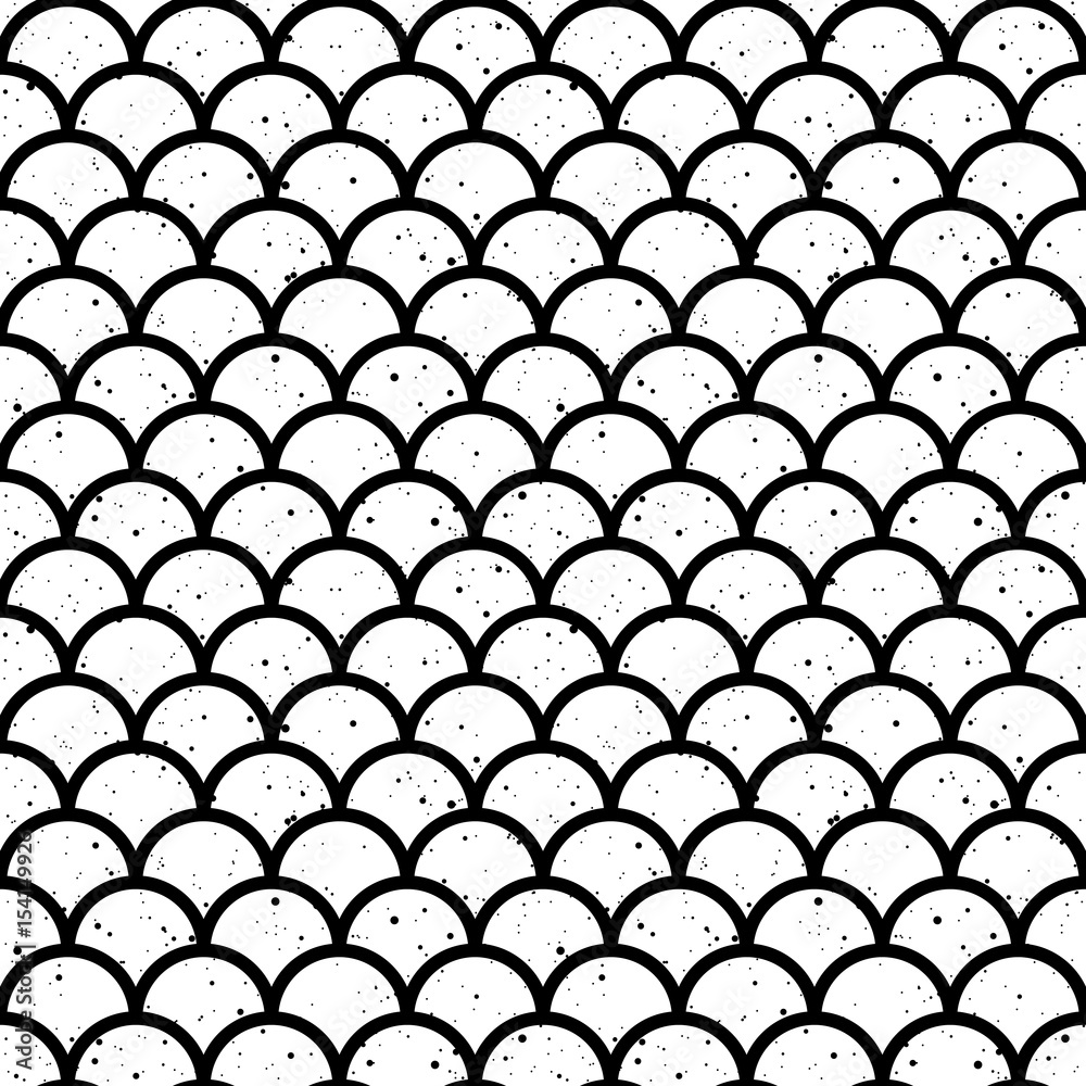 Abstract seamless wave pattern in black and white. Fish scales, japan  motif. Ink splashes. Vector illustration. Stock Vector