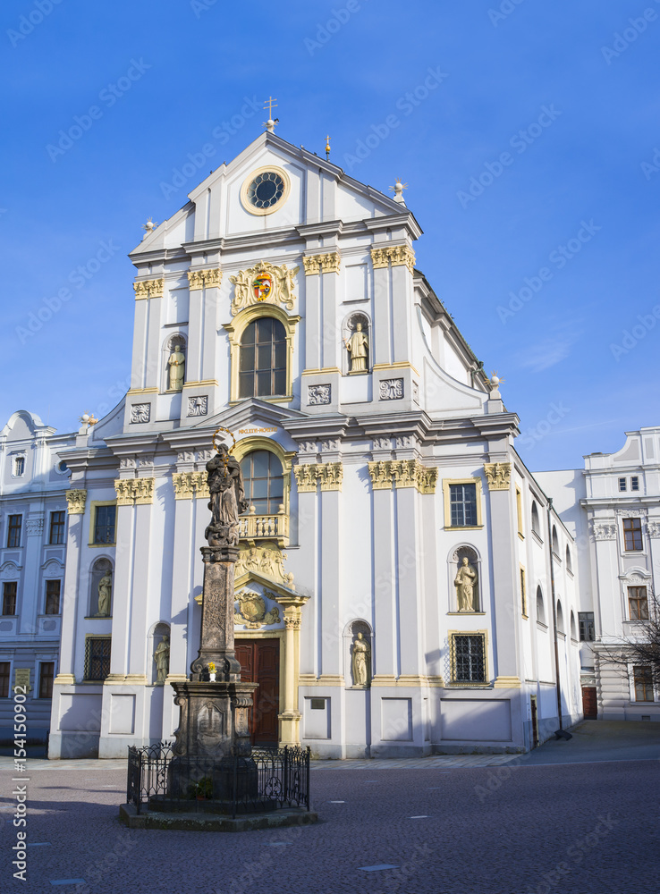 Marian column and Church of Saint Vojtech / Adalbert, Lower square ( Dolni namesti ), Opava, Czech Republic / Czechia - historical sacral building made in baroque style