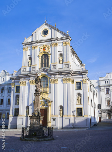 Marian column and Church of Saint Vojtech / Adalbert, Lower square ( Dolni namesti ), Opava, Czech Republic / Czechia - historical sacral building made in baroque style