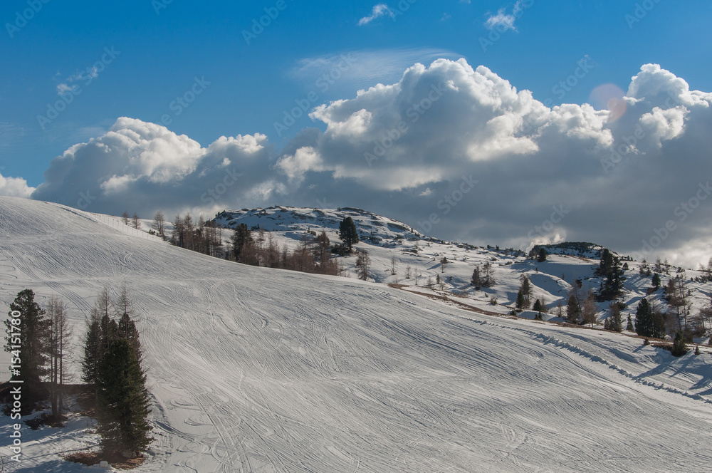 Traces in no people ski rope, Passo Falzarego, Dolomites