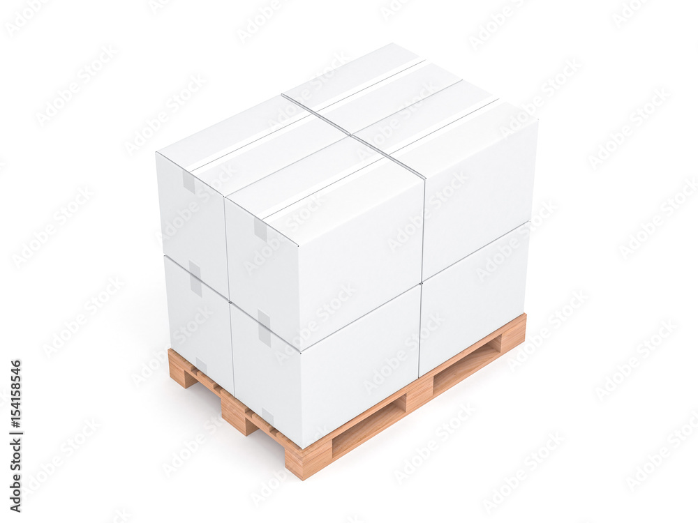 White cardboard boxes mockup on wooden euro pallet isolated on white background, 3d rendering White cardboard boxes mockup on wooden euro pallet isolated on white background, 3d rendering