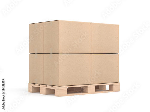 Stack of Four cardboard boxes mockup on euro pallet in white sudio, 3d rendering
