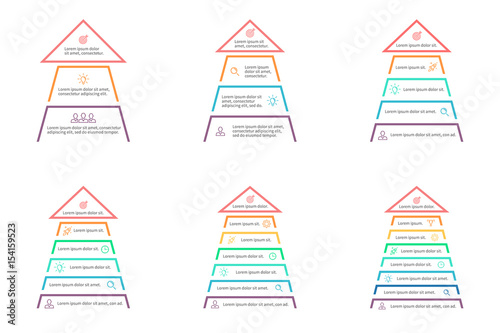 Business infographics. Pyramids, arrows with 3, 4, 5, 6, 7, 8 steps, sections, levels. Vector templates.