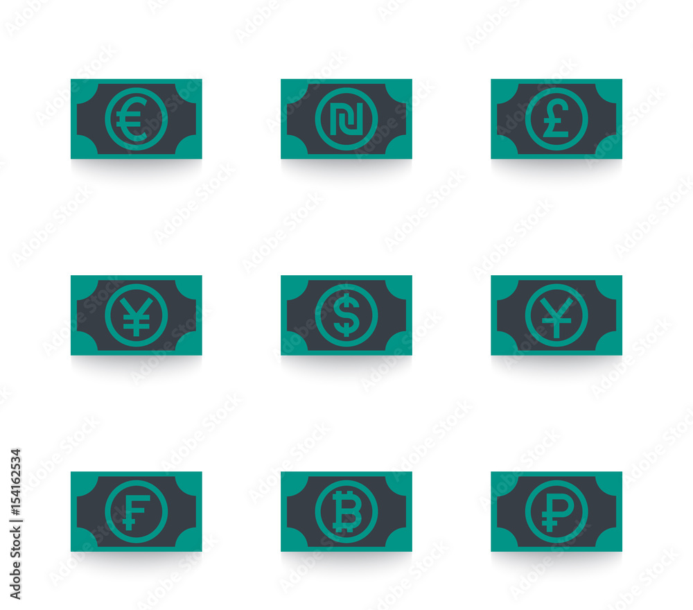 currencies icons, euro, shekel, pound, yen, dollar, franc, ruble, yuan vector symbols