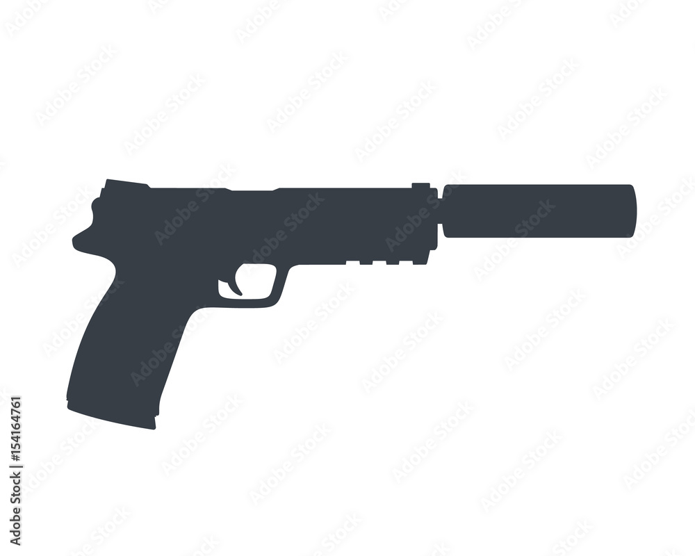 pistol silhouette, handgun with silencer, gun isolated on white