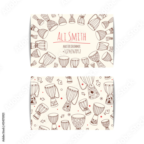 African drum visit card. Djembe master drummer business card. Isolated beige template with zulu ornament. Warm ethnic colors. Hand drawn doodle set for african musician, teacher, master.