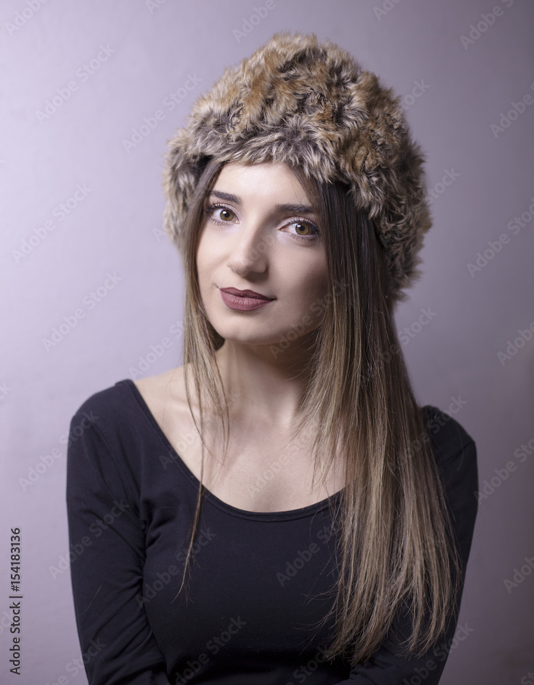 Caucasian, black T-shirt girl portrait with hat Caucasian, black T-shirt girl portrait with hat