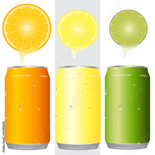 a set of blank aluminum cans 330 ml three colors in the water droplets. Orange, lemon, lime round slices dripping with juice. mockup