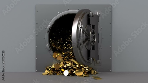 3d animated vault door opening and coins falling