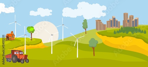 Fototapeta Naklejka Na Ścianę i Meble -  Horizontal vector illustration of countryside, city on green hills