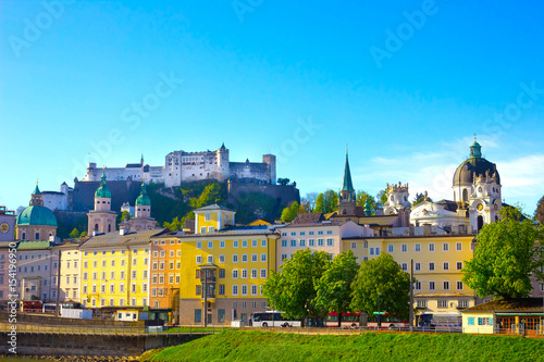 Beautiful view of Salzburg skyline with Festung Hohensalzburg in summer, Salzburg, Austria