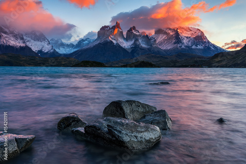 Dawn on the fantastic Lake Pehoe in the heart of the Torres del Paine Alps in Chilean Patagonia.