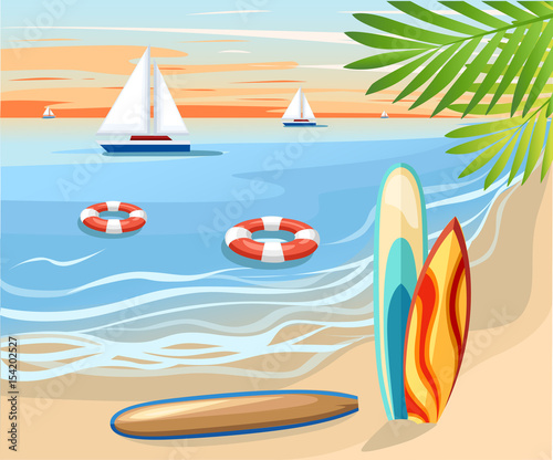 Vector surfboard illustration in flat style design Isolated on white background Color surfboard set. Sea extreme sport pattern. Vector illustration