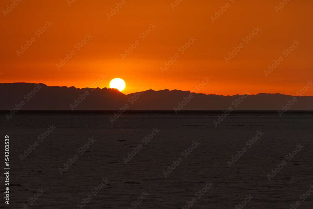 View of Salt lake Chott El Jerid at sunrise.Tunisia. Sahara.