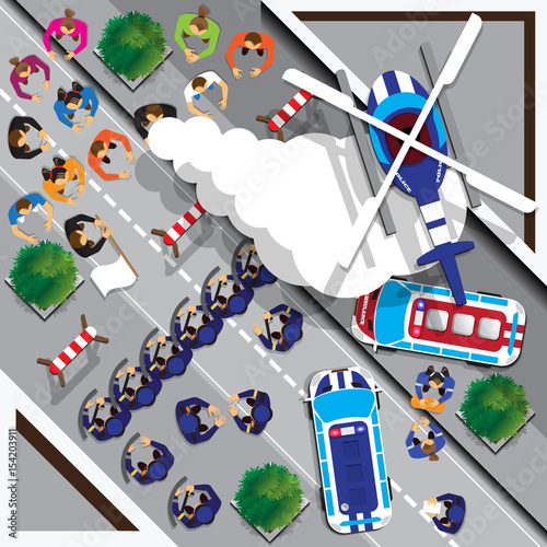Civil unrest street riots. View from above. Vector illustration.