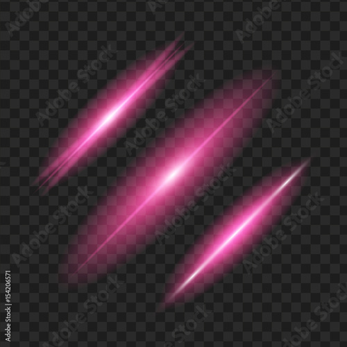 Set of purple glowing light effect. Isolated on black transparent background. Vector illustration, eps 10.