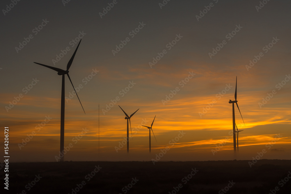 Silhouettes of wind turbines at dawn near Hopefield