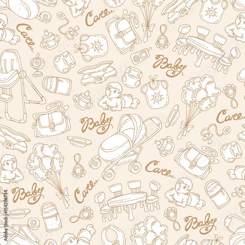 Vector seamless pattern with hand drawn goods, accessories for little baby on beige color. Pattern on the theme of newborn baby