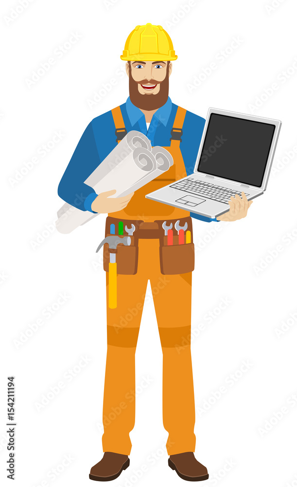 Worker with laptop notebook holding the project plans Worker with laptop notebook holding the project plans