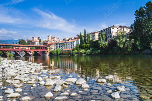 The Ponte Vecchio (or Ponte degli Alpini) bridge, and the Brenta river, in Bassano del Grappa, Veneto, Italy