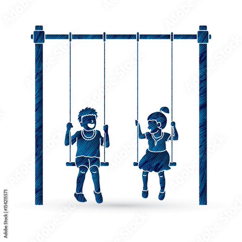 Happy Children, Little boy and girl are playing swing together designed using blue grunge brush graphic vector