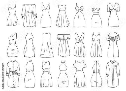 Hand drawn vector clothing set. 21 models of trendy mini dresses.