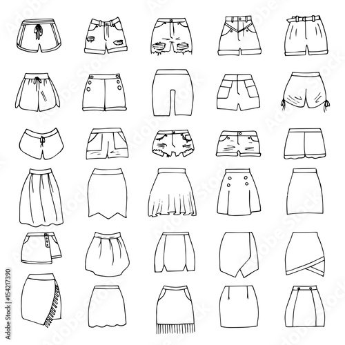 Hand drawn vector clothing set. 30 models of trendy shorts and skirts.