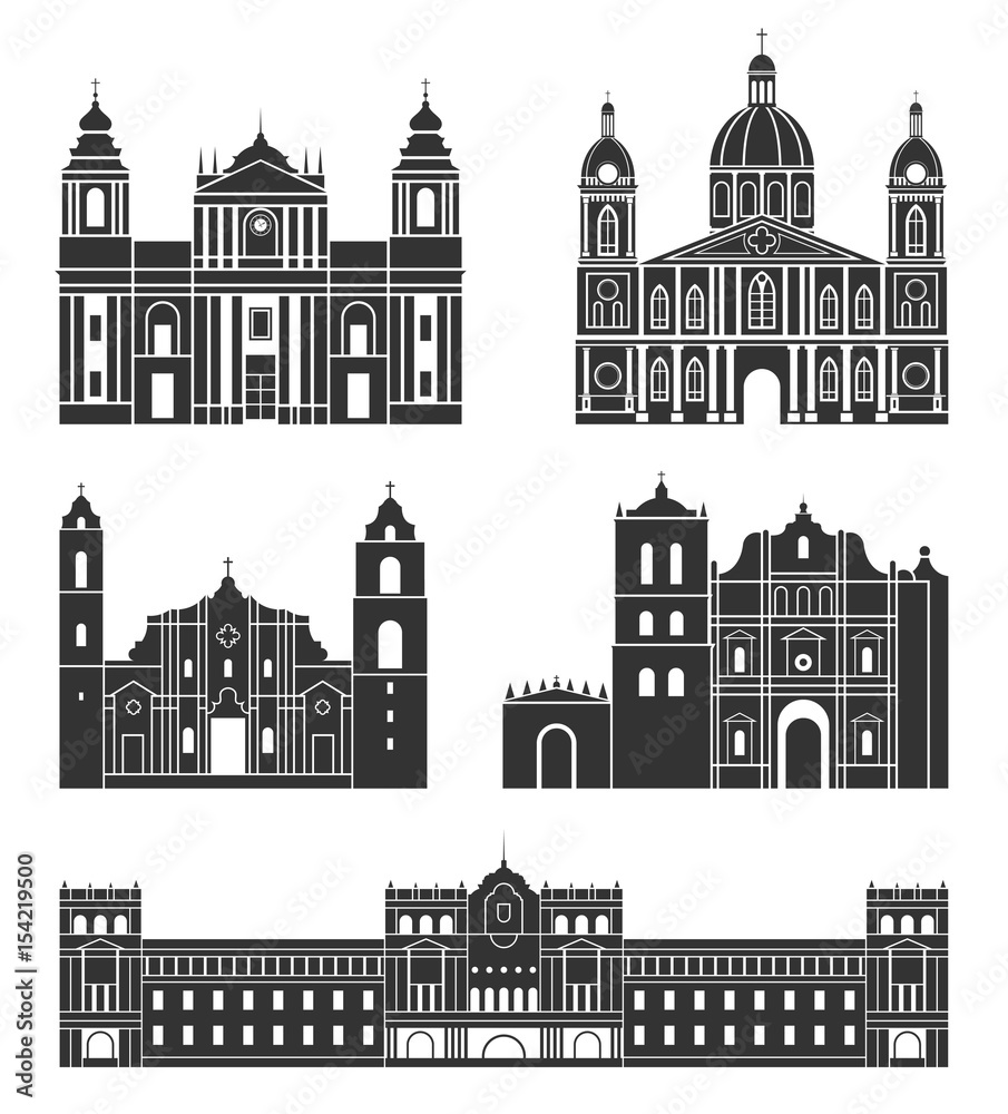 Central America. American buildings on white background