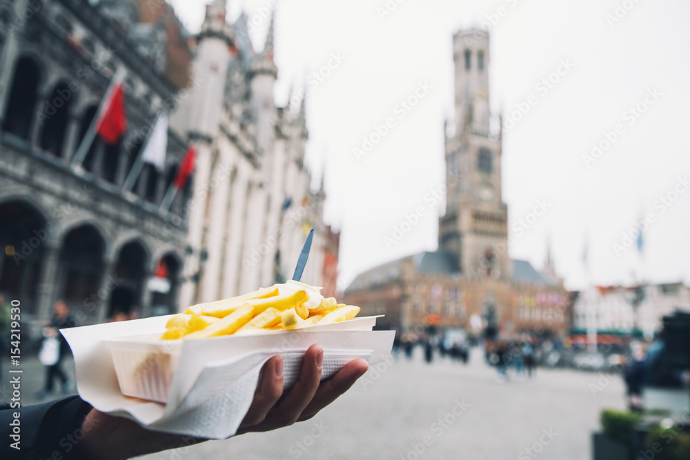 Obraz premium Popular street junk food in Bruges, Belgium is French Fries with mayonnaise