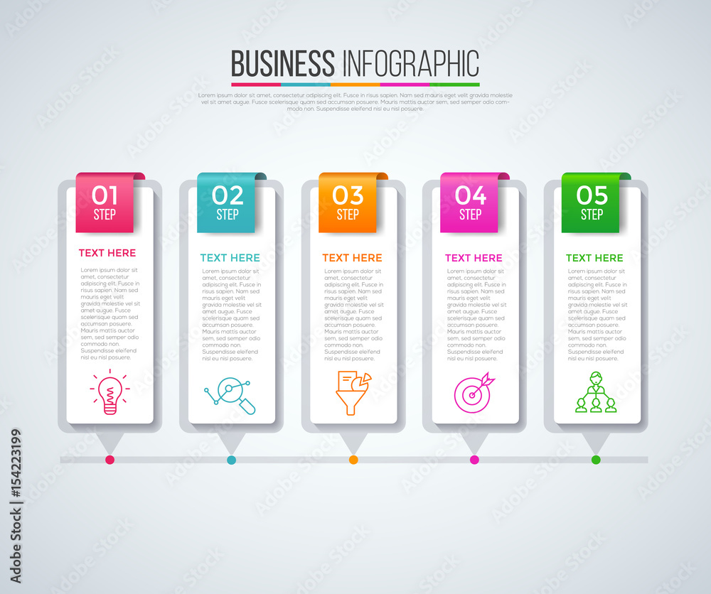 Business infographics design. Timeline with 5 steps, labels Business infographics design. Timeline with 5 steps, labels