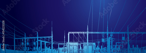 Vector contour silhouette. Substation, powerhouse. High-voltage line. Poles, cable
