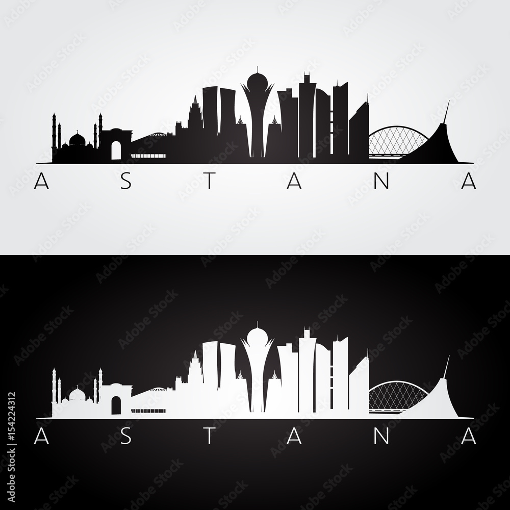 Fototapeta premium Astana skyline and landmarks silhouette, black and white design.