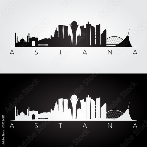 Astana skyline and landmarks silhouette, black and white design.