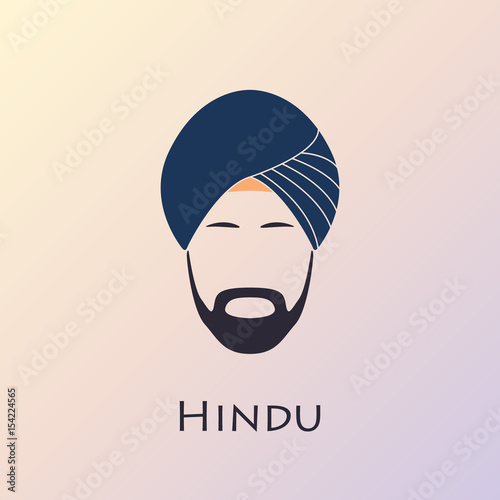 Fotografie, Obraz Blue turban headdress and mustache. Indian man icon.